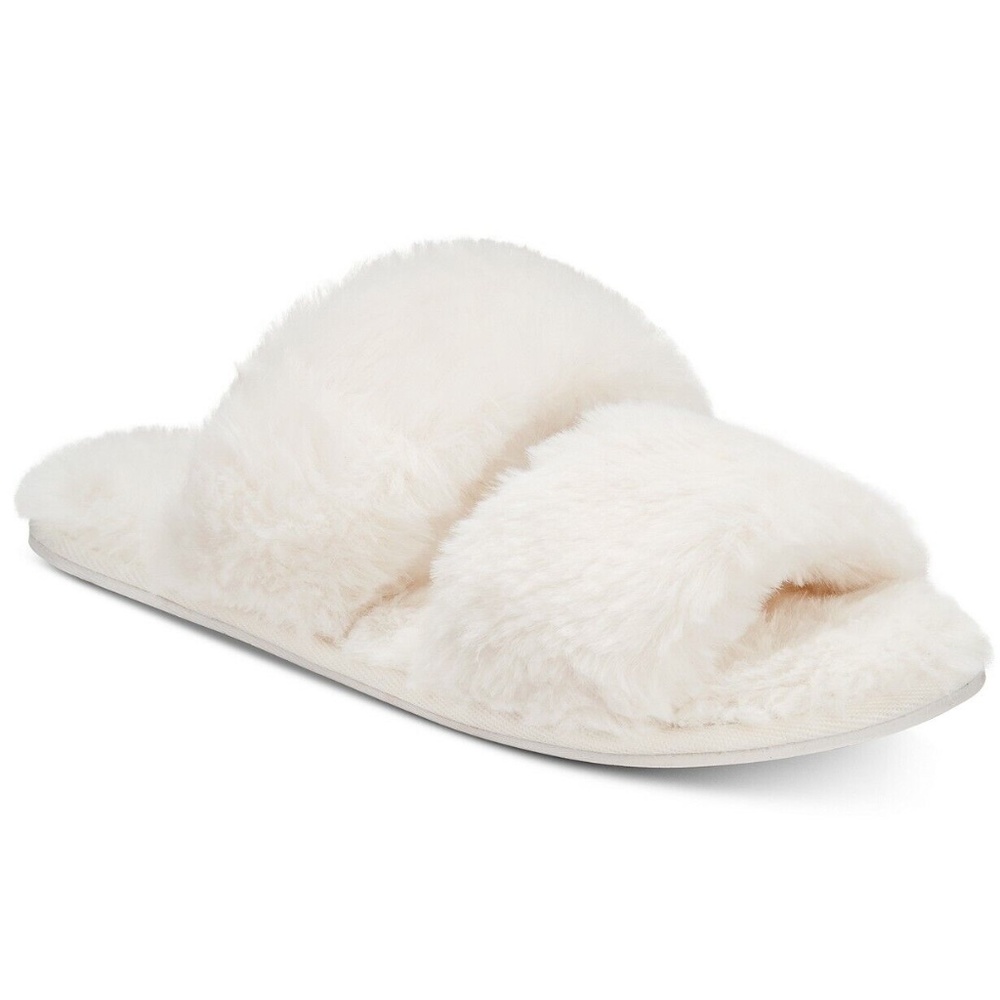 Lemon Women's White Plush Two-Strap Faux-Fur Slide Slippers Sizes S/M or L/XL